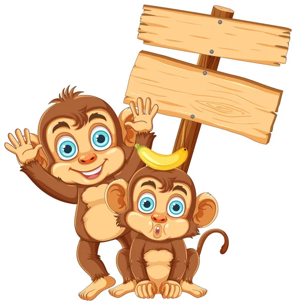 Ilustração Macaco Travesso Segurando Sinal Placa Madeira — Vetor de Stock