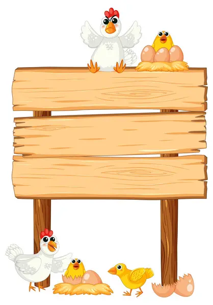 Векторная Карикатура Курицу Цыплятами Деревянной Доске — стоковый вектор