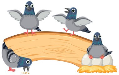 Güvercinlerin yumurtalarını bıraktıkları ve tahta bir tahtanın etrafında durdukları vektör çizimi.