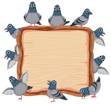 Tahta bir tahtanın yanında duran güvercinlerin vektör çizimi