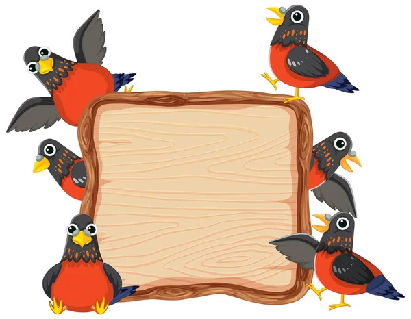 Красочные Мультяшные Птицы Стоят Рядом Деревянной Рамкой Вывески — стоковый вектор
