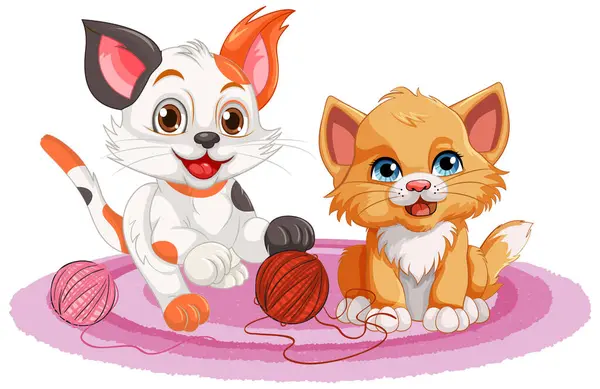 Two Kittens Yarn Balls Illustration — Stock Vector