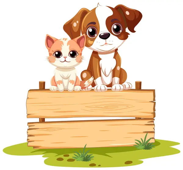 Charming Cartoon Style Illustration Cute Dog Cat Standing Wooden Board — Stock Vector