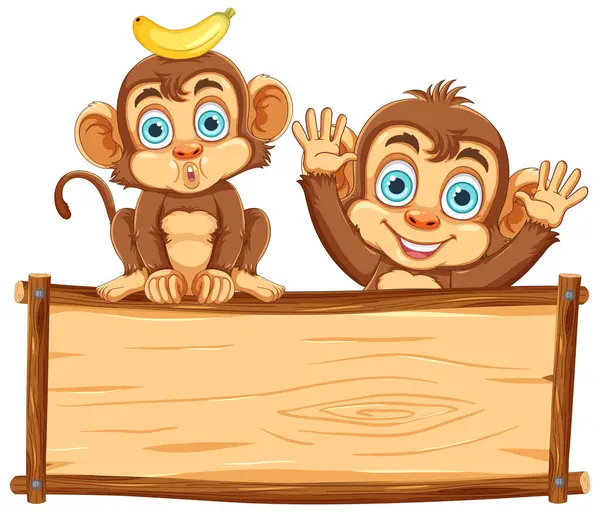 Macaco Brincalhão Escondido Atrás Uma Moldura Madeira Uma Ilustração Estilo —  Vetores de Stock