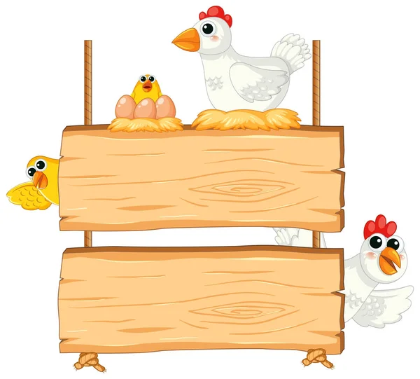 Векторная Карикатура Курицу Яйца Цыпленка Стоящих Деревянной Доске — стоковый вектор