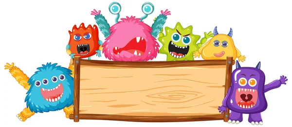 Fröhliche Monster Charaktere Posieren Mit Einem Hölzernen Schild — Stockvektor