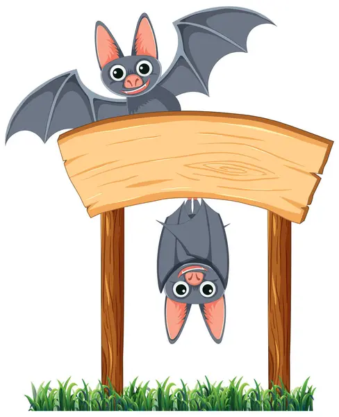 Vector Cartoon Illustration Bats Various Poses Wooden Sign — Stock Vector