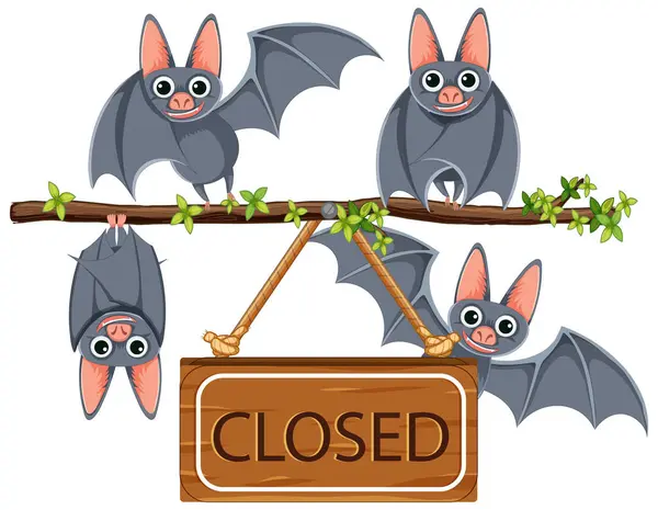 Group Bats Perched Tree Branch Closed Sign Hanging Nearby — Stock Vector