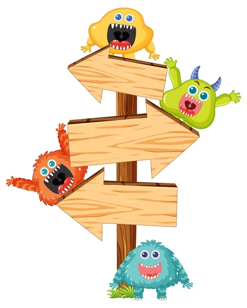 Vector Cartoon Illustration Cute Alien Monsters Wooden Directional Sign Template — Stock Vector