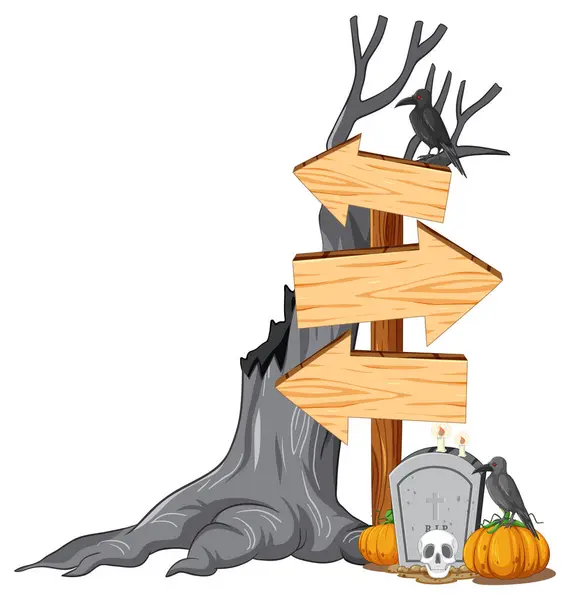 Vector Cartoon Illustration Halloween Themed Directional Sign Spooky Graveyard — Stock Vector