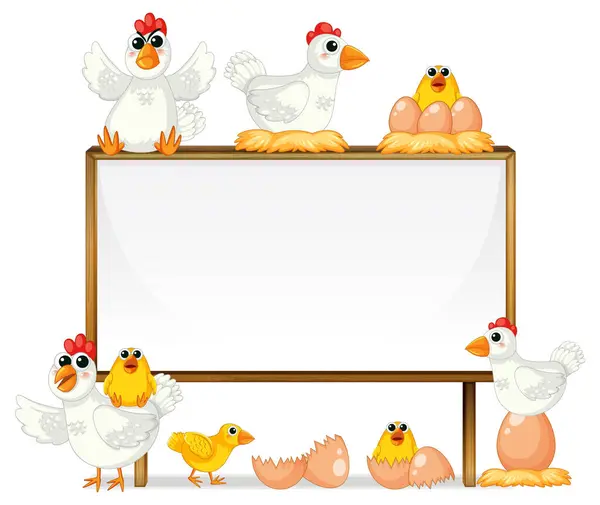 Vector Cartoon Illustration Hen Chicks Egg Wooden Frame — Stock Vector