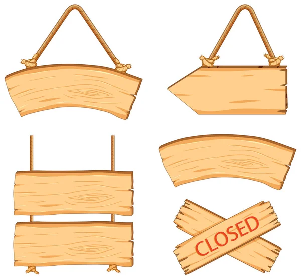 Vector Cartoon Illustration Set Four Hanging Blank Wooden Sign Boards — Stock Vector