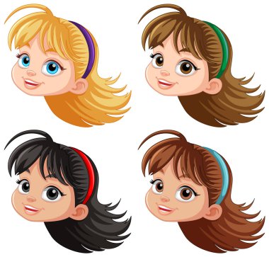 Kız çizgi film başlarının farklı saç renkleri var.