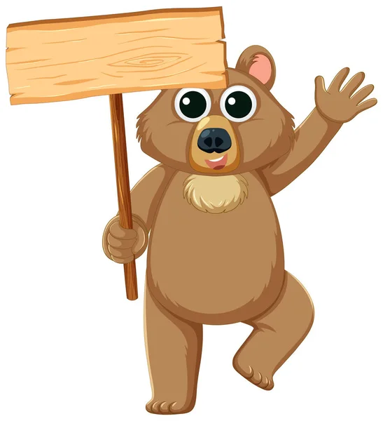Personagem Urso Bonito Segurando Uma Placa Madeira Uma Ilustração Vector — Vetor de Stock