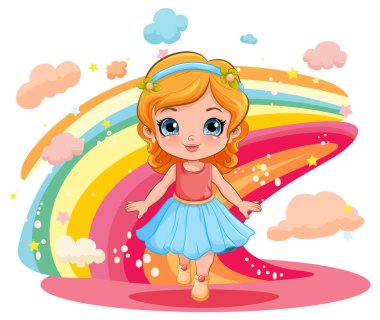 Gökkuşağı arkaplan resminde elbise giyen tatlı bir kız.