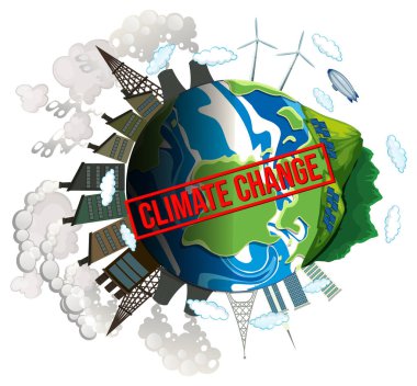 Bir yandan duman ve hava kirliliğiyle dolu kirli bir tarafla çelişen el değmemiş yeşil bir Dünya 'yı gösteren bir vektör çizimi.