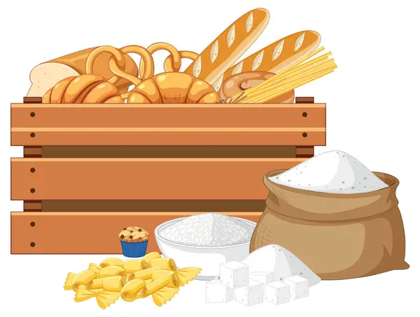 Deliciosos Productos Panadería Que Muestran Una Caja Madera Rústica — Vector de stock