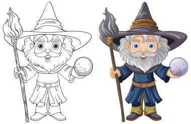 Çocuk resimleri için uzun sakallı bir şapka takan yaşlı büyücü.