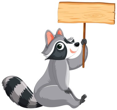 Oturma pozisyonunda tahta bir bayrak taşıyan tapılası rakun.