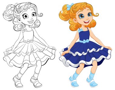 Renk çizgisi olan neşeli bir çizgi film kızı.