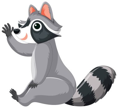 Vektör karikatür tarzında şirin bir rakun oturuyor ve elini sallıyor.