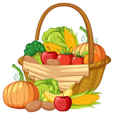 Sepette taze organik ürünlerin renkli çizimleri