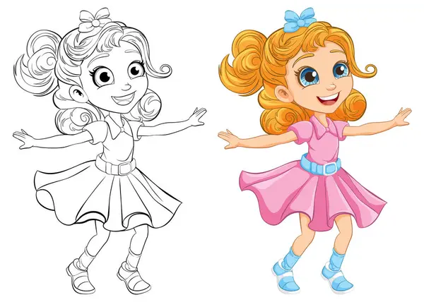 Joyful Cartoon Girl Dancing Outline Coloring — Stock Vector