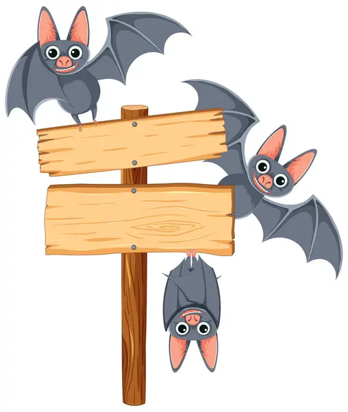 Vector Cartoon Illustration Bats Perched Wooden Board Frame — Stock Vector