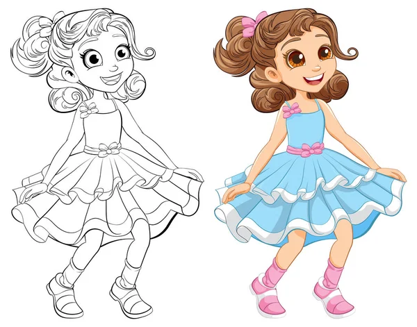 Radostná Kreslená Dívka Tančící Obrysem Pro Zbarvení — Stockový vektor