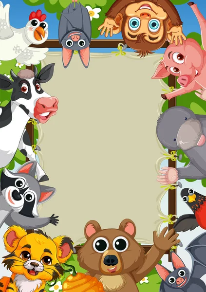 Colorful Cartoon Animals Surrounding Decorative Frame — Stock Vector