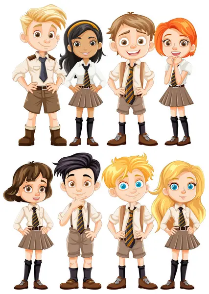 男の子と女の子のグループのイラスト 漫画スタイルの学校のユニフォームを着用 — ストックベクタ