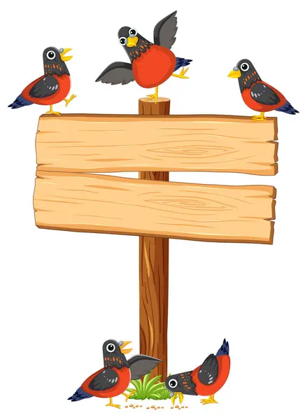 Wektor Kreskówki Ilustracja Ptaków Zebranych Pobliżu Tablicy Znamionowej — Wektor stockowy