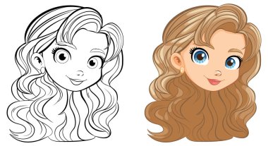 Uzun saçlı, boyama sayfaları için mükemmel güzel bir kadının yüzü.