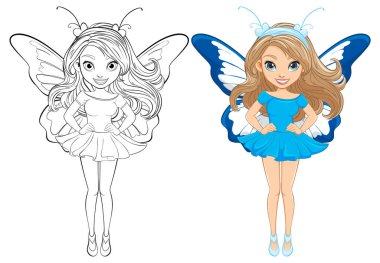 Uzun saçlı, mini bir elbise ve kelebek kanatları takan güzel bir kadının karalama karakteri. Çizgi film karakteri tarzında, boyama sayfaları için mükemmel.