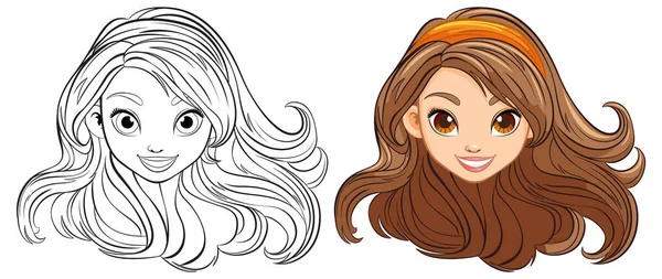 流れる髪の美しい女性のベクトル漫画イラスト 着色に最適 — ストックベクタ