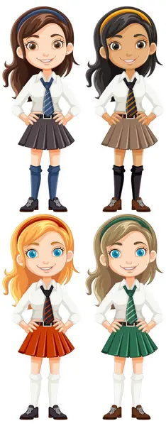 長い髪と異なる髪の色の4人の美しい女の子が立って笑顔 — ストックベクタ