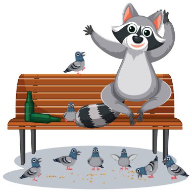 Yaramaz bir rakun parktaki bankta neşeli bir beslenme seansından zevk alır.