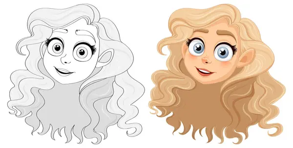 Vector Cartoon Illustration Stunning Woman Flowing Blonde Hair Doodle Outline — Stock Vector