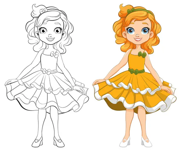 Vektorová Ilustrace Dívky Kreslený Znak Připraven Party Svých Šatech Princezny — Stockový vektor