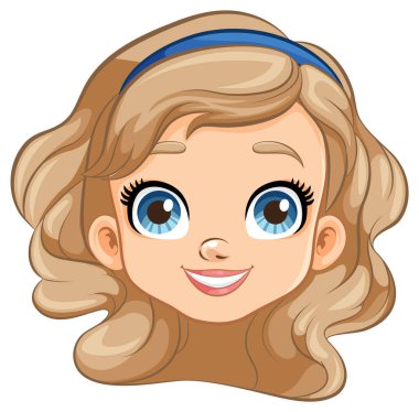 Vektör çizim tarzında gülümseyen bir yüzü olan neşeli bir çizgi film kızı.