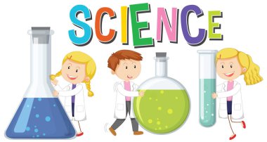 Bilim adamlarının önlükle deneyler yaptığı vektör karikatür çizimi