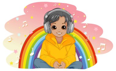 Çocuk kulaklık illüstrasyonuyla müzik dinliyor.