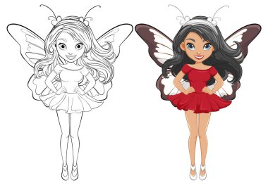 Uzun saçlı, mini bir elbise ve kelebek kanatları takan güzel bir kadının karalama karakteri. Çizgi film karakteri tarzında, boyama sayfaları için mükemmel.