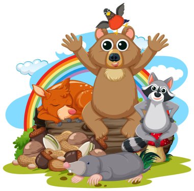 Neşeli vahşi hayvanlar güzel bir gökkuşağının altında doğanın tadını çıkarıyor.