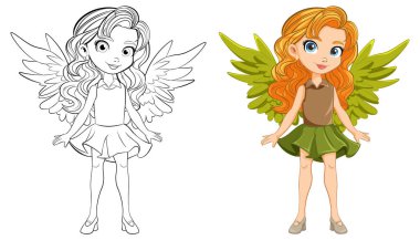 Kanatları ve boyama sayfaları için karalama çizgisi olan çarpıcı bir çizgi film karakteri.