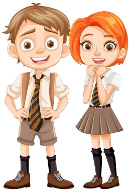 İki öğrencinin vektör çizimi, bir erkek ve bir kız, okul üniforması içinde.