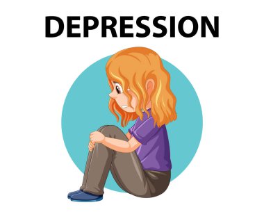 Depresyon geçiren bir kızın karikatür tarzı vektör çizimi.