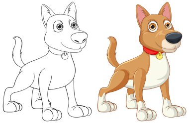 Ayakta duran ve kuyruğunu sallayan bir köpeğin canlı bir karikatürü.