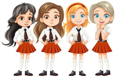 Çizgi film tarzında gösterilmiş okul üniformalı bir grup kız arkadaş.