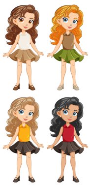 Gösterişli mini etek giyen çekici kadınların vektör çizimleri.